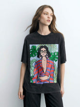 Maija Black Tropical Plant & Figure Printed Round Neck Short Sleeve Casual T-Shirt For Women, Summer